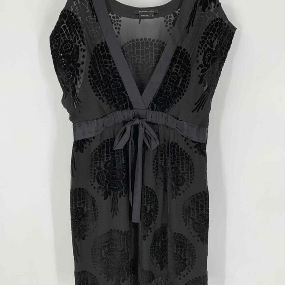 BCBGMaxazria Black Jacquard Women's V-Neck Zip Up Midi Flared Dress 12 - Picture 1 of 4